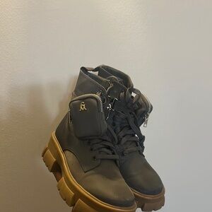 Gray and Tan Steve Madden Ankle Boots with Gold Accent